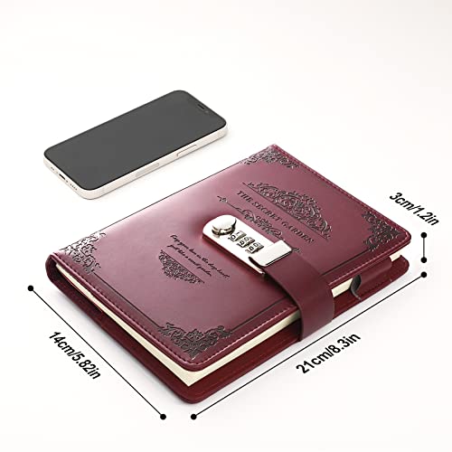 XIYUNTE Diary with Lock, A5 PU Leather Journal with Lock, Vintage Journal for Men and Women, locking Journals for Writing with Pen & Gift Box, Refillable Journal Notebook with Combination Lock, Red