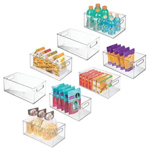 mdesign deep plastic kitchen storage organizer container bin for pantry, cabinet, cupboard, shelves, fridge, or freezer - holds dry goods, sauces, condiments, drinks, ligne collection, 8 pack, clear