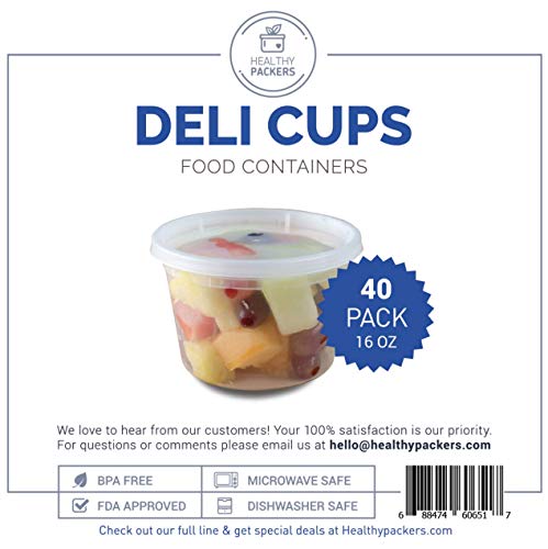 Healthy Packers Plastic Food Storage Containers with Lids (16 oz, 40 pack) - BPA Free Deli Cups/Great for Leftovers, Supplies, Meal Prep and Portion Control - Leakproof Takeout Containers