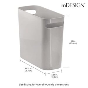 mDesign Plastic Small Trash Can, 1.5 Gallon/5.7-Liter Wastebasket, Narrow Garbage Bin with Handles for Bathroom, Laundry, Home Office - Holds Waste, Recycling, 10" High - Aura Collection - Gray