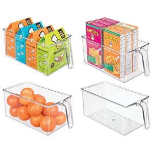 mdesign plastic kitchen pantry cabinet refrigerator storage organizer bin holder with front handle - for organizing individual packets, snacks, produce, pasta - bpa free - medium, 4 pack - clear