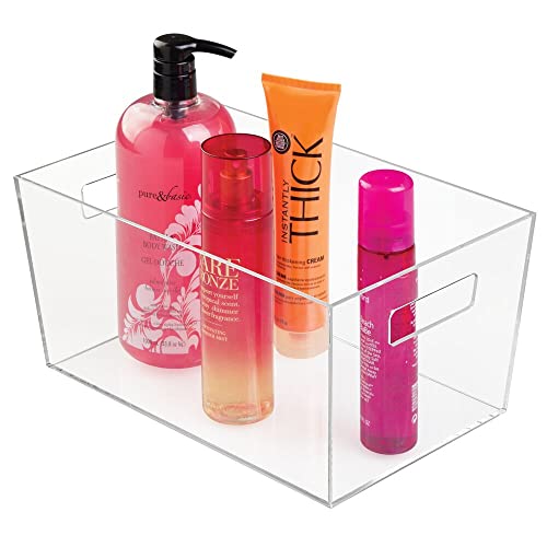 mDesign Plastic Bathroom Organizer Storage Bin with Handles for Organizing Hand Soaps, Body Wash, Shampoos, Conditioners, Hand Towels, Hair Accessories, Body Spray, Mouthwash - Large, 4 Pack - Clear