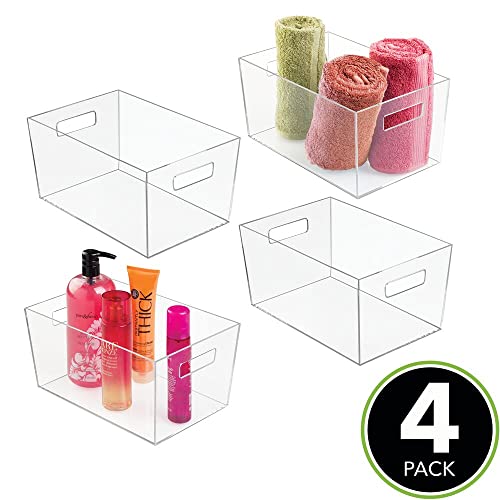 mDesign Plastic Bathroom Organizer Storage Bin with Handles for Organizing Hand Soaps, Body Wash, Shampoos, Conditioners, Hand Towels, Hair Accessories, Body Spray, Mouthwash - Large, 4 Pack - Clear