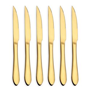 homquen gold steak knife set, stainless steel and durable comfortable grip handle, mirror polish and gold titanium plated, for pizza or steak (gold, set of 6)