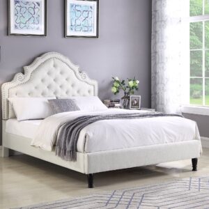 HomeLife Premiere Classics 51" Tall Platform Bed with Cloth Headboard and Slats - Queen (Light Beige Linen)