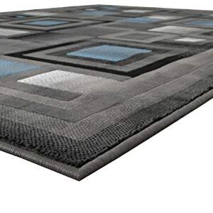 HR Abstract Blue/Silver/Gray Geometric Modern Squares Pattern 5x7 Area Rug (5'2" x 7'2")