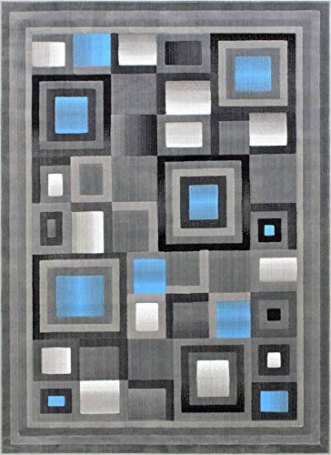 HR Abstract Blue/Silver/Gray Geometric Modern Squares Pattern 5x7 Area Rug (5'2" x 7'2")