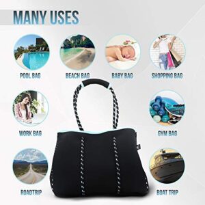 Nordic By Nature Large Designer Beach Bag Tote For Women & Men | Versatile Pool Bag With Zippered Pockets | Room For Towels, Toys And Lotion | For The Boat, Beach or Pool (Black/Turquoise)