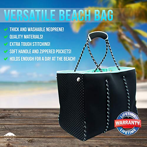 Nordic By Nature Large Designer Beach Bag Tote For Women & Men | Versatile Pool Bag With Zippered Pockets | Room For Towels, Toys And Lotion | For The Boat, Beach or Pool (Black/Turquoise)