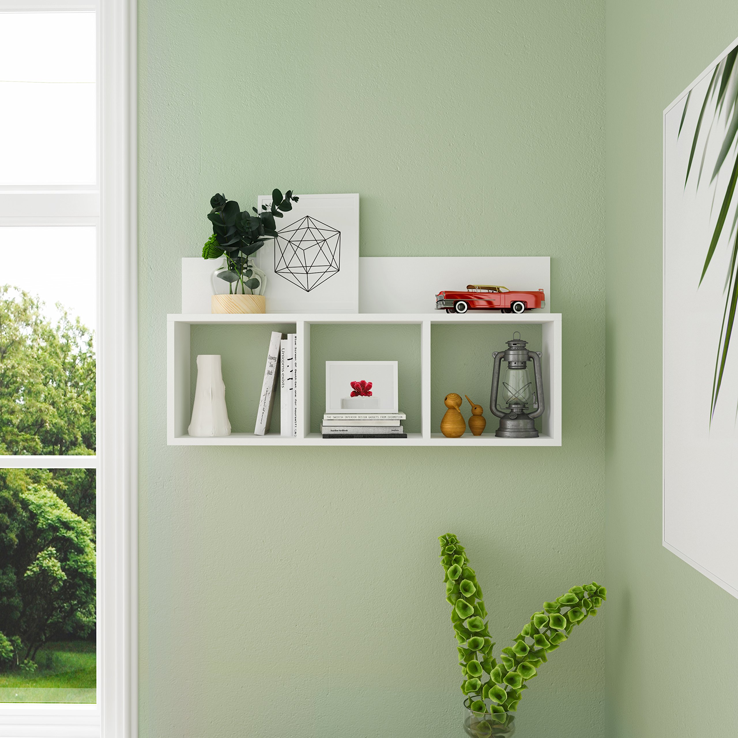 Danya B. Modern 3 Cube Floating Wall Shelf with Display Ledge - Easy to Hang Wall Mounted Triple Cubby Shelf (White)