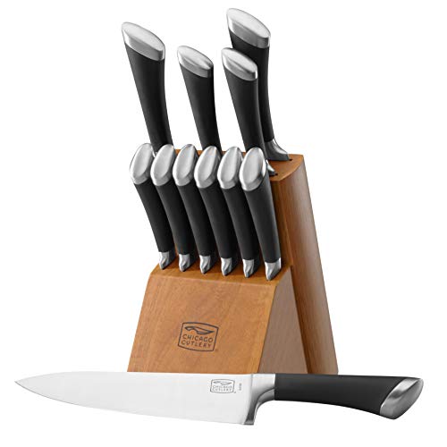 Chicago Cutlery Fusion 12 Piece Forged Premium Knife Block Set with Wooden Storage Block, Cushion-Grip Handles with Stainless Steel Blades, Kitchen Knife Set