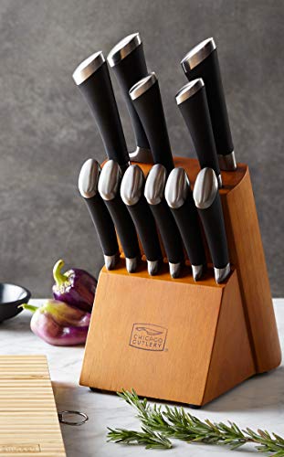 Chicago Cutlery Fusion 12 Piece Forged Premium Knife Block Set with Wooden Storage Block, Cushion-Grip Handles with Stainless Steel Blades, Kitchen Knife Set