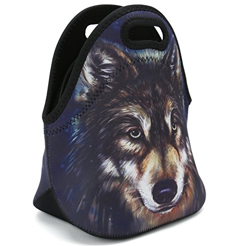 Neoprene Reusable Insulated Lunch Bag School Office Outdoor Thermal Carrying Gourmet Lunchbox Lunch Tote Container Tote Cooler Warm Pouch For Men,Women,Adults,Kids,Girls,Boys (Cool Wolf)