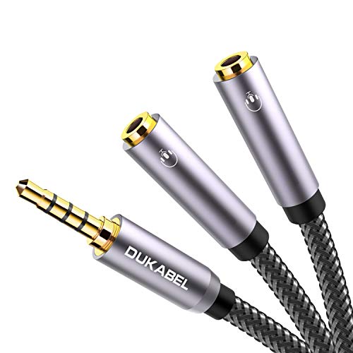 DUKABEL Headphone Splitter, Strong Braided & Gold-Plated 3.5mm Stereo Audio Y Splitter Cable 4-Pole Male to 2-Female Port Audio Stereo Cable Dual Headphone Jack Adapter Top Series