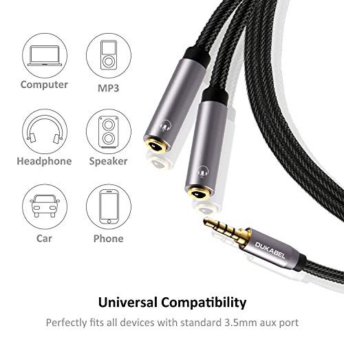 DUKABEL Headphone Splitter, Strong Braided & Gold-Plated 3.5mm Stereo Audio Y Splitter Cable 4-Pole Male to 2-Female Port Audio Stereo Cable Dual Headphone Jack Adapter Top Series