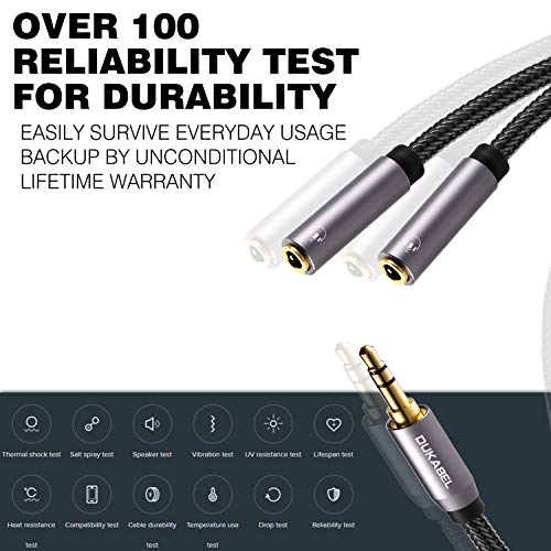 DUKABEL Headphone Splitter, Strong Braided & Gold-Plated 3.5mm Stereo Audio Y Splitter Cable 4-Pole Male to 2-Female Port Audio Stereo Cable Dual Headphone Jack Adapter Top Series