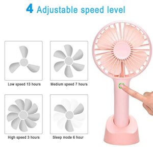 YIHUNION Mini Handheld Fan Portable, Hand held Personal Fan Rechargeable Battery Operated Powered Cooling Desktop Electric USB Fan with Fan Stand, 2500mAh Battery 4 Modes for Home Travel Outdoor（Pink）