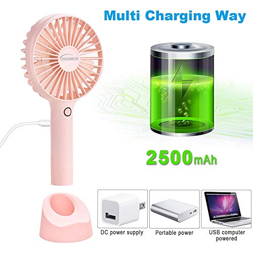 YIHUNION Mini Handheld Fan Portable, Hand held Personal Fan Rechargeable Battery Operated Powered Cooling Desktop Electric USB Fan with Fan Stand, 2500mAh Battery 4 Modes for Home Travel Outdoor（Pink）