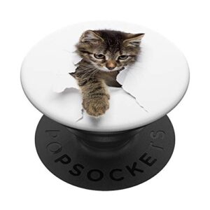 cute kitten breaking through paper wall on white popsockets popgrip: swappable grip for phones & tablets