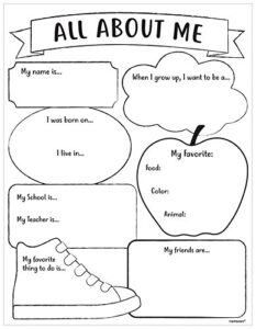 all about me activity sheet - 8.5" x 11, pack of 30