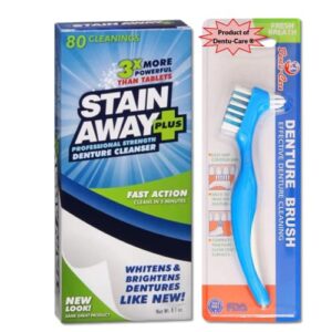 stainaway denture cleaner 80 cleaning tablets bundle with dentu-care denture brush for maintaining good oral care of full/partial dentures. brings out the sparkle in your dentures