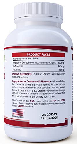 Cranberry D-Mannose for Dogs and Cats Urinary Tract Infection Support Prevents and Eliminates UTI, Bladder Infection Kidney Support, Antioxidant (Single Strength Tablet, 60 Count)