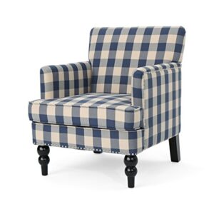 christopher knight home evete tufted fabric club chair, blue checkerboard, dark brown, 32d x 28.75w x 34.5h in