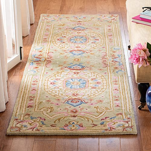 SAFAVIEH Savonnerie Collection Area Rug - 9' x 12', Sage & Blue, Handmade Traditional European Wool, Ideal for High Traffic Areas in Living Room, Bedroom (SAV120W)