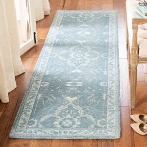 SAFAVIEH Restoration Vintage Collection Area Rug - 8' x 10', Blue, Handmade Distressed Wool & Viscose, Ideal for High Traffic Areas in Living Room, Bedroom (RVT403M)