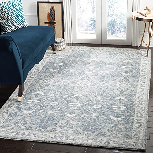 SAFAVIEH Restoration Vintage Collection Area Rug - 8' x 10', Blue, Handmade Distressed Wool & Viscose, Ideal for High Traffic Areas in Living Room, Bedroom (RVT403M)