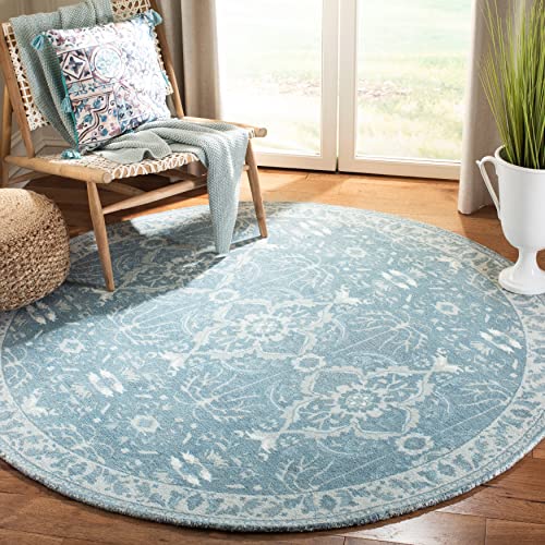 SAFAVIEH Restoration Vintage Collection Area Rug - 8' x 10', Blue, Handmade Distressed Wool & Viscose, Ideal for High Traffic Areas in Living Room, Bedroom (RVT403M)