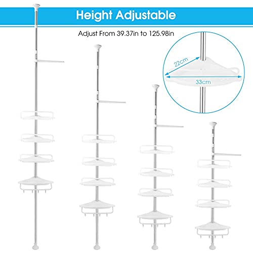 Corner Shower Caddy, Shower Caddy Tension Pole Storage Shelves, Stainless Steel Rod, Adjustable Bathroom Shower Caddy for Shampoo Soap Tower, White