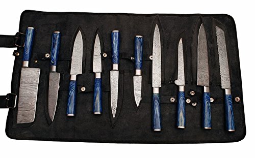 G25- Professional Kitchen Knives Custom Made Damascus Steel 10 pcs of Professional Utility Chef Kitchen Knife Set Round Blue Wood Handle with Pocket Case Chef Knife Roll Bag by GladiatorsGuild