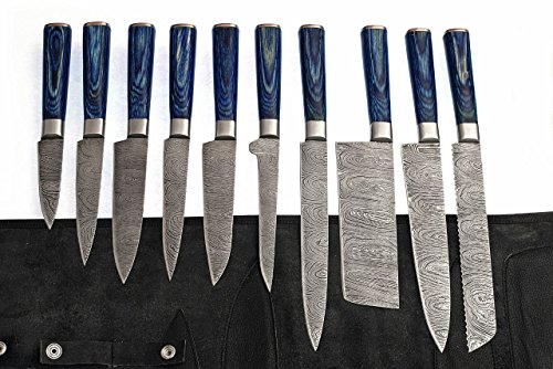 G25- Professional Kitchen Knives Custom Made Damascus Steel 10 pcs of Professional Utility Chef Kitchen Knife Set Round Blue Wood Handle with Pocket Case Chef Knife Roll Bag by GladiatorsGuild