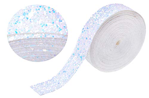 Wento 5 Yards 1" (25mm) Sparking White Glitter Ribbons for Hair Bow Crafting，Glitter Strips Bow Decoration,Thick Glitter Ribbons for Wedding Bow Ties,Jewelry Crafts Supplies GR001