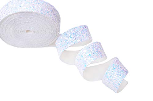 Wento 5 Yards 1" (25mm) Sparking White Glitter Ribbons for Hair Bow Crafting，Glitter Strips Bow Decoration,Thick Glitter Ribbons for Wedding Bow Ties,Jewelry Crafts Supplies GR001