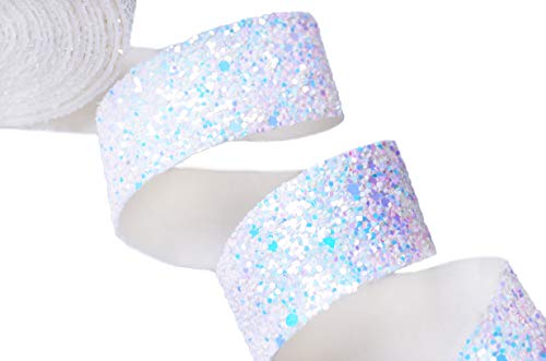 Wento 5 Yards 1" (25mm) Sparking White Glitter Ribbons for Hair Bow Crafting，Glitter Strips Bow Decoration,Thick Glitter Ribbons for Wedding Bow Ties,Jewelry Crafts Supplies GR001