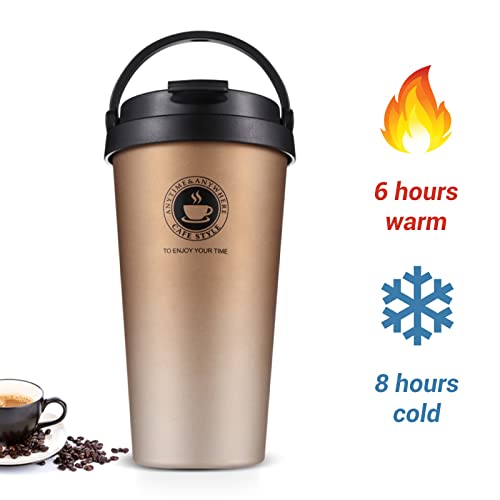 Jumigra Stainless Steel Vacuum Insulated Coffee Mug with Lid, Perfect Travel Cup for Hot and Cold Drinks, Thermal Coffee and Tea Mugs, Double Wall, Metal, Spill Proof, Leak Proof, 17 Ounce, Gold