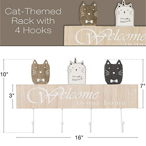 EXCELLO GLOBAL PRODUCTS Wall Mounted Cat Themed 16 in Coat Rack with 4 Hanging Hooks