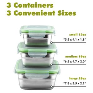 Klee Set of 3 Food Storage Containers with Airtight Lids (12oz,19oz, 28oz) - Premium 304 Stainless Steel Containers, Bento Boxes, Lunch Boxes, Meal Prep Containers for Kitchen, School, Office, Travel