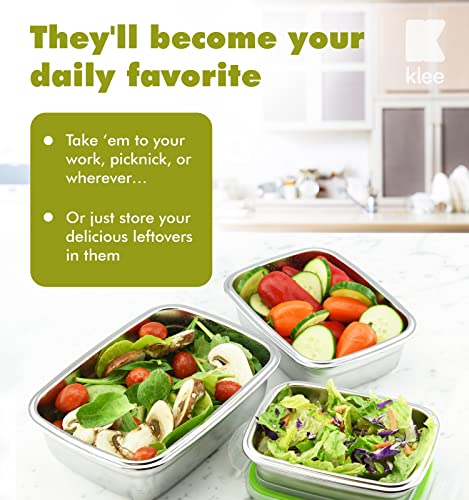 Klee Set of 3 Food Storage Containers with Airtight Lids (12oz,19oz, 28oz) - Premium 304 Stainless Steel Containers, Bento Boxes, Lunch Boxes, Meal Prep Containers for Kitchen, School, Office, Travel