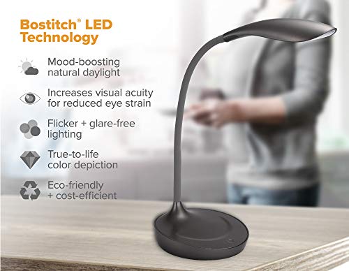 Bostitch Office KT-VLED1502-GRAY Gooseneck LED Desk Lamp with USB Charging Port, Dimmable, Gray