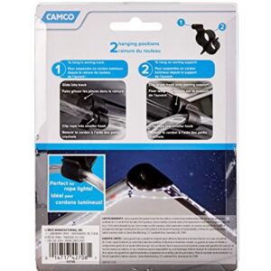 Camco Black Standard Awning Clip for Rope Light - Slides into Awning Roller Bar Channel to Create a Convenient Hook | Two Hanging Positions | Holds Party Lights, RV Lights, String Lights - (42708)