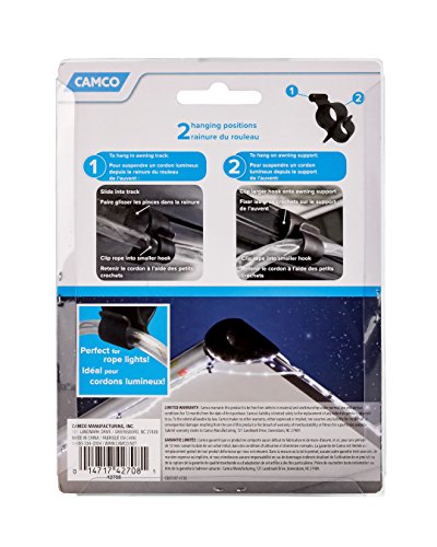 Camco Black Standard Awning Clip for Rope Light - Slides into Awning Roller Bar Channel to Create a Convenient Hook | Two Hanging Positions | Holds Party Lights, RV Lights, String Lights - (42708)