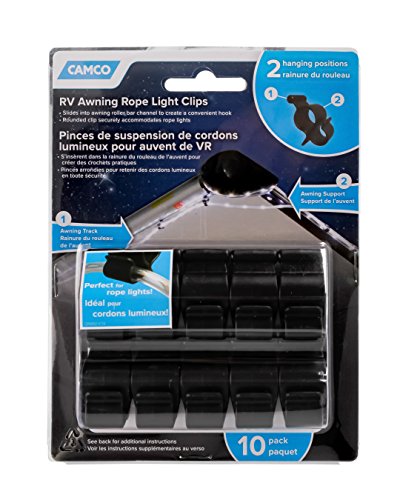 Camco Black Standard Awning Clip for Rope Light - Slides into Awning Roller Bar Channel to Create a Convenient Hook | Two Hanging Positions | Holds Party Lights, RV Lights, String Lights - (42708)