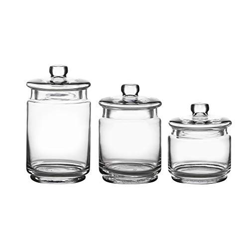 WHOLE HOUSEWARES Glass Apothecary Jars with Lids - Set of 3 for Bathroom Storage, Qtip & Cotton Swab Holder, Laundry Room & Makeup Desk Organization