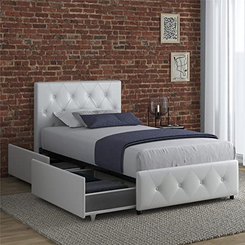 DHP Dakota Upholstered Platform Bed with Underbed Storage Drawers and Diamond Button Tufted Headboard and Footboard, No Box Spring Needed, Twin, White Faux Leather