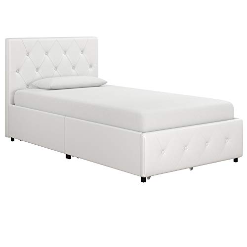 DHP Dakota Upholstered Platform Bed with Underbed Storage Drawers and Diamond Button Tufted Headboard and Footboard, No Box Spring Needed, Twin, White Faux Leather