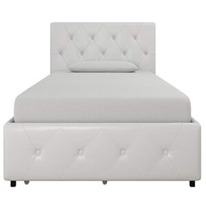 DHP Dakota Upholstered Platform Bed with Underbed Storage Drawers and Diamond Button Tufted Headboard and Footboard, No Box Spring Needed, Twin, White Faux Leather