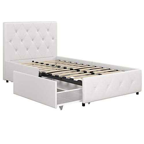 DHP Dakota Upholstered Platform Bed with Underbed Storage Drawers and Diamond Button Tufted Headboard and Footboard, No Box Spring Needed, Twin, White Faux Leather